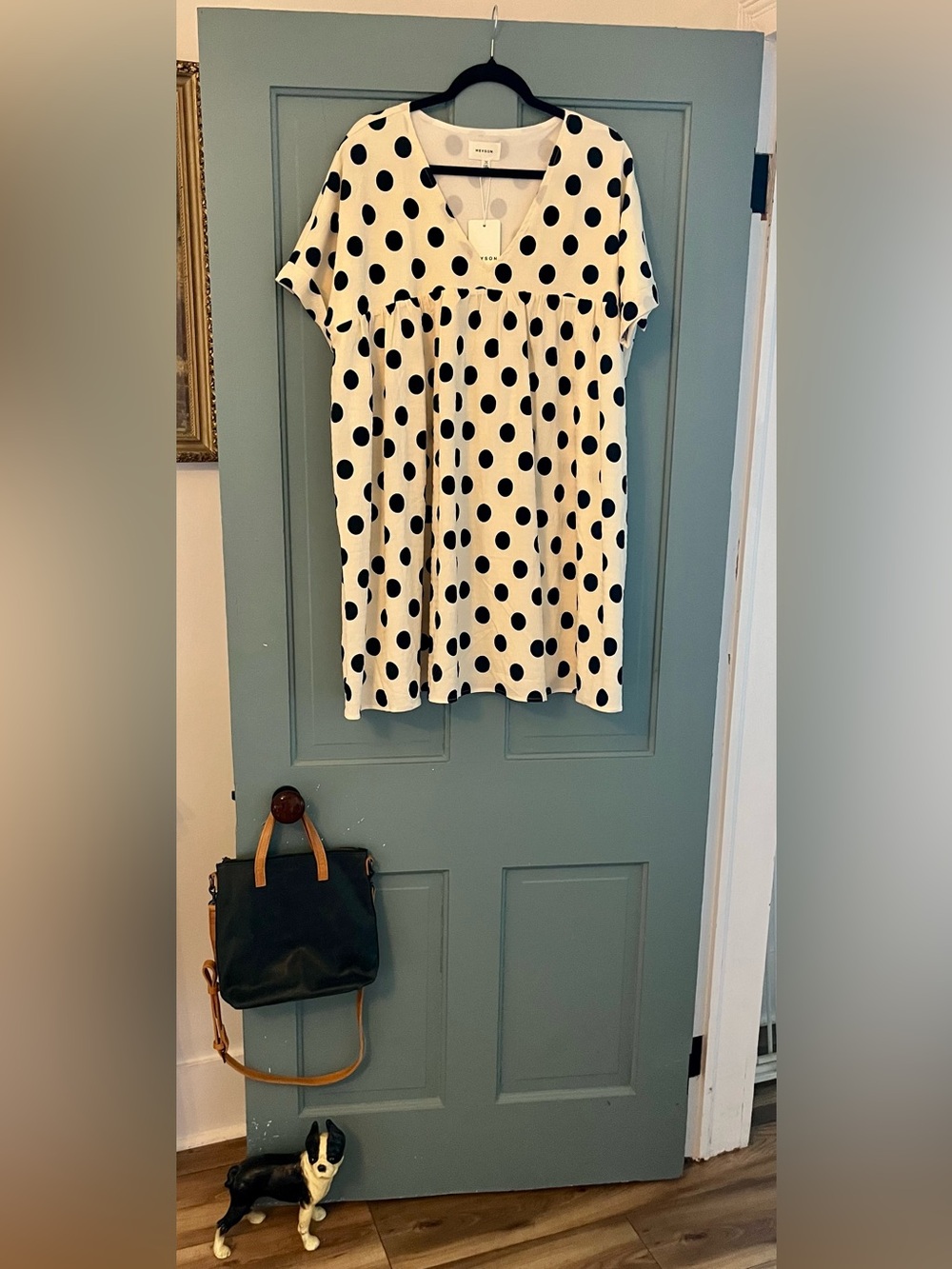 Polka Dot V-Neck Short Sleeve Dress Top - White with Black Dots